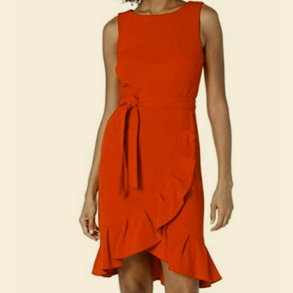 Calvin Klein Sleeveless Dress Size 12 Orange with Stretch and Ruffle Trim
